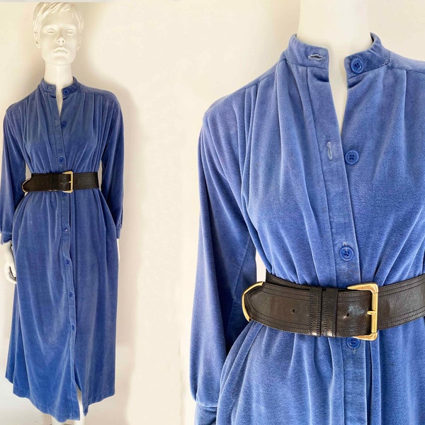 The Velvet Vixen 80s Vintage Maxi Dress Robe Blue Velvet Long Sleeve Classic Long Dress Fall Casual Pockets