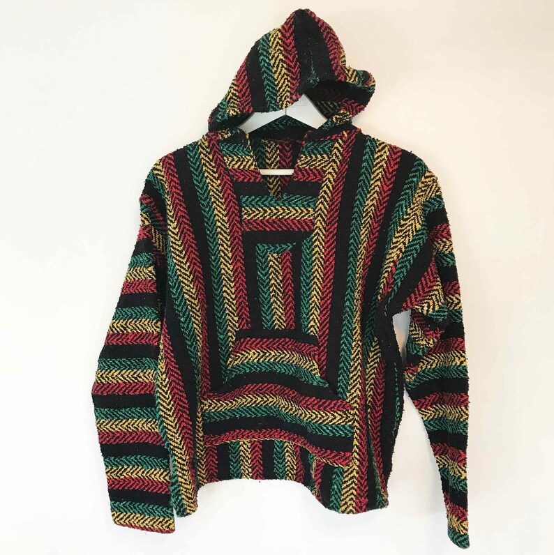 The No Woman Jacket No Cry Vintage 80s Baja Hoody Top Spicoli Beach Bum Rainbow Rasta Striped Boho Cotton Textured Weave S Shirt