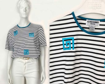 The Scottish Stripes Striped T-Shirt Vintage 90s Top Nautical Geo Embroidered Tee Top Cotton Jersey