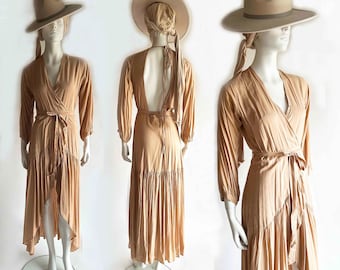 The Sunset Blush Wrap Dress Vintage 90s Ruffle Backless Boho Long Sleeve Summer Dress