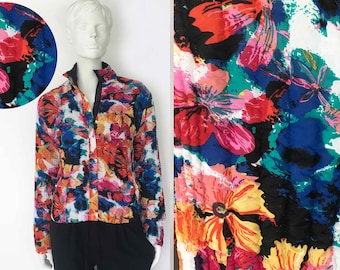 The Floral Riot Vintage 90s Silk Bomber Jacket Multi-Color Floral Pattern Popcorn Outerwear Womens Spring Jacket