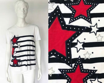 The Stars x Stripes Vintage 90s Striped T-Shirt Top Nautical Striped Embroidered Red White Knit Cotton Jersey Vintage Womens Short Sleeve