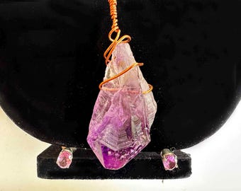 The Angelic Amethyst Set of 2 Necklace x Earrings Vintage 90s Sterling Silver Stud Wrapped Stone Leather Carat+ Genuine Amethyst