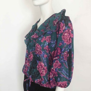 The Divine DIANE FREIS Vintage 80s Blouse Blouson Totally Teal Top Multi Color Rose Pattern Sequined Silky Georgette Geo Ruffled Womens Top image 2