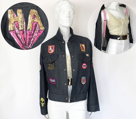 The HA is for HAPPY Denim Jean Jammin Jacket Vintage 70s Patch Rigid Raw Retro Raver Festival Upcyled OOAK