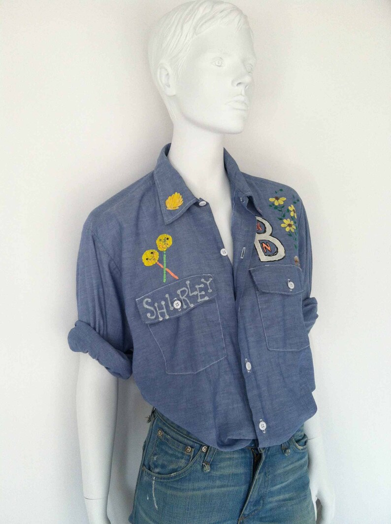 The DICKIES Lollipop x Flowers Vintage 70er Hemd Chambray Denim Shirt Folk Art Handgemaltes Arbeitshemd O/S Bild 3