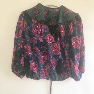 The Divine DIANE FREIS Vintage 80s Blouse Blouson Totally Teal Top Multi Color Rose Pattern Sequined Silky Georgette Geo Ruffled Womens Top image 8