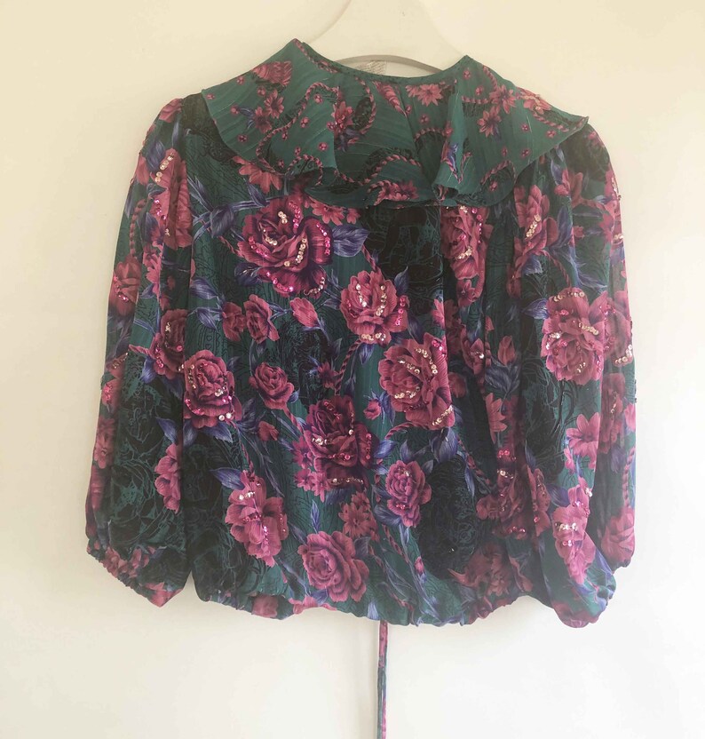 The Divine DIANE FREIS Vintage 80s Blouse Blouson Totally Teal Top Multi Color Rose Pattern Sequined Silky Georgette Geo Ruffled Womens Top image 8