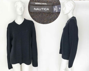 The NAUTICA Nautical Vintage 90s Sweater Moonlight Mineral Navy Merino Wool V-Neck Oversized O/S: Vintage, Mens, Womens Unisex Jumper,