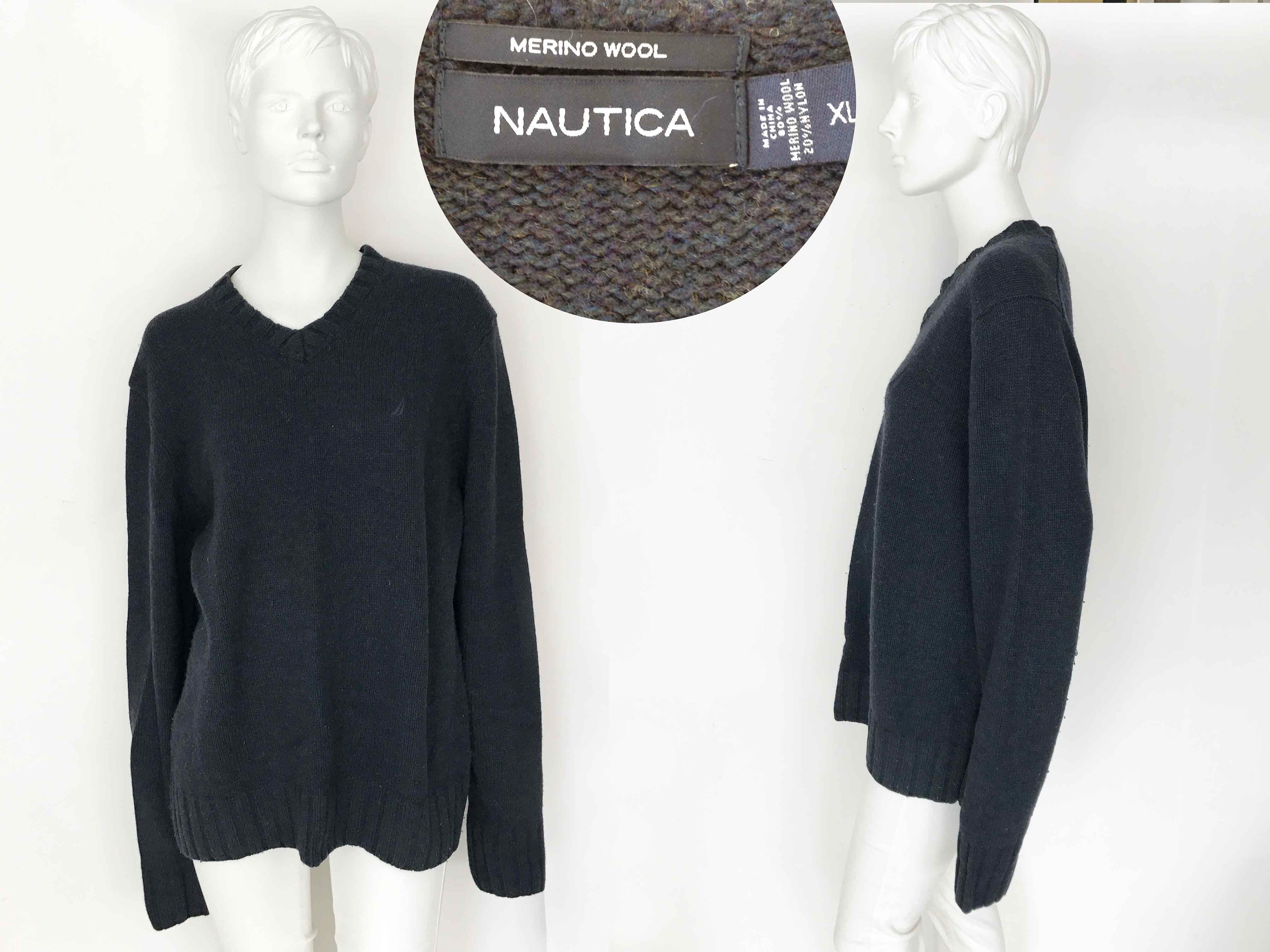 The NAUTICA Nautical Vintage 90s Sweater Moonlight Mineral Navy Merino Wool V neck Oversized O S Vintage Mens Womens Unisex Jumper Etsy