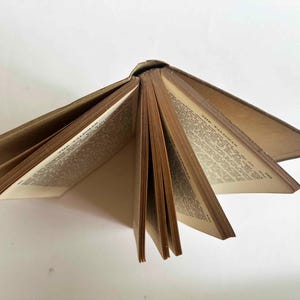 May include: An open antique book with aged, yellowed pages. The book's spine is visible, and the pages are fanned out, displaying printed text. The cover appears to be a worn, light brown color. The book is set against a white background.