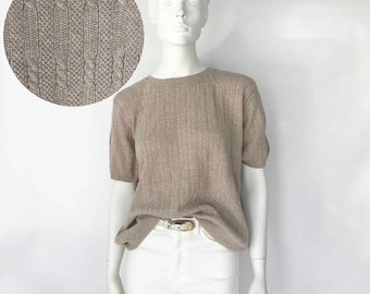 The Way We Were Crochet Vintage 80er Taupe Pullover Kurzarm Oatmeal Ivory Baumwollkabel Weben Sommer Pullover Damen