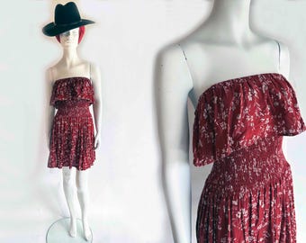 The Boho Brick Red Strapless Dress Vintage 90s Elastic Bodice Floral
