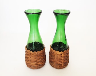 The Bottle Green Acres Set of 2 Glass Carafes Vintage 80s Wicker Bottoms Water Pitcher Serving Glassware