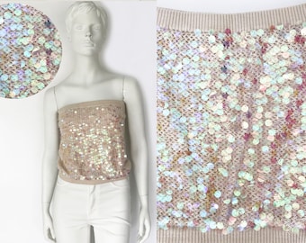 Top tubo marfil iridiscente iluminado, suéter vintage de algodón color crema de los años 80, camisa sin tirantes, camiseta de punto con lentejuelas iridiscentes.