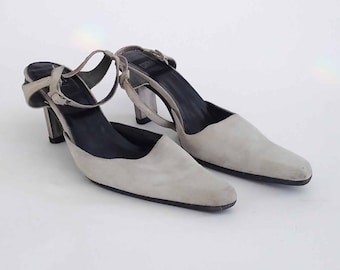The DKNY Silver Fox Vintage 90s Womens Shoes Hi Heels Shoes Suede Stiletto Silver Slingback Square Toe Metal Heels SZ 7 Designer Shoes