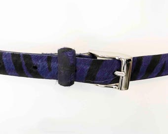 The Zimbabwe Zebra Print Fur Belt Vintage Genuine Fur Skinny Thin Purple Black  Accessories Boho
