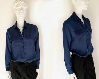 The Blue Steel 90s Vintage Blouse Neck Slouchy Fit Classic Staples Long Sleeve Womens Top Button Down Silky Sensual