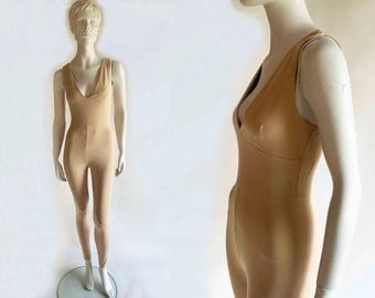 The Delightful Dancers Unitard Vintage 2000s Chamois Tan V Neck Cat Suit Cotton Lycra Onesie