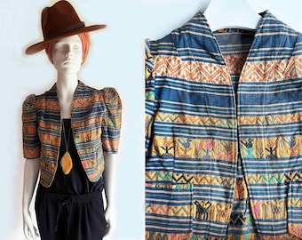 The Maccu Piccu Petite Bolero Vintage 70s Cropped Short Jacket Indigenous Embroidery Heavy Cotton Multi Color Princess Sleeves