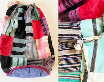 Mochila Boho Backpacker de patchwork, estilo vintage de los años 80, con cordón, para llevar todo, mochila nómada, de algodón, para viajeros.