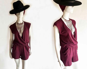The Age Like Fine Wine Romper Vintage 2000’s Short Set Cotton Pique One Piece Jumpsuit Burgundy Blouson Boho