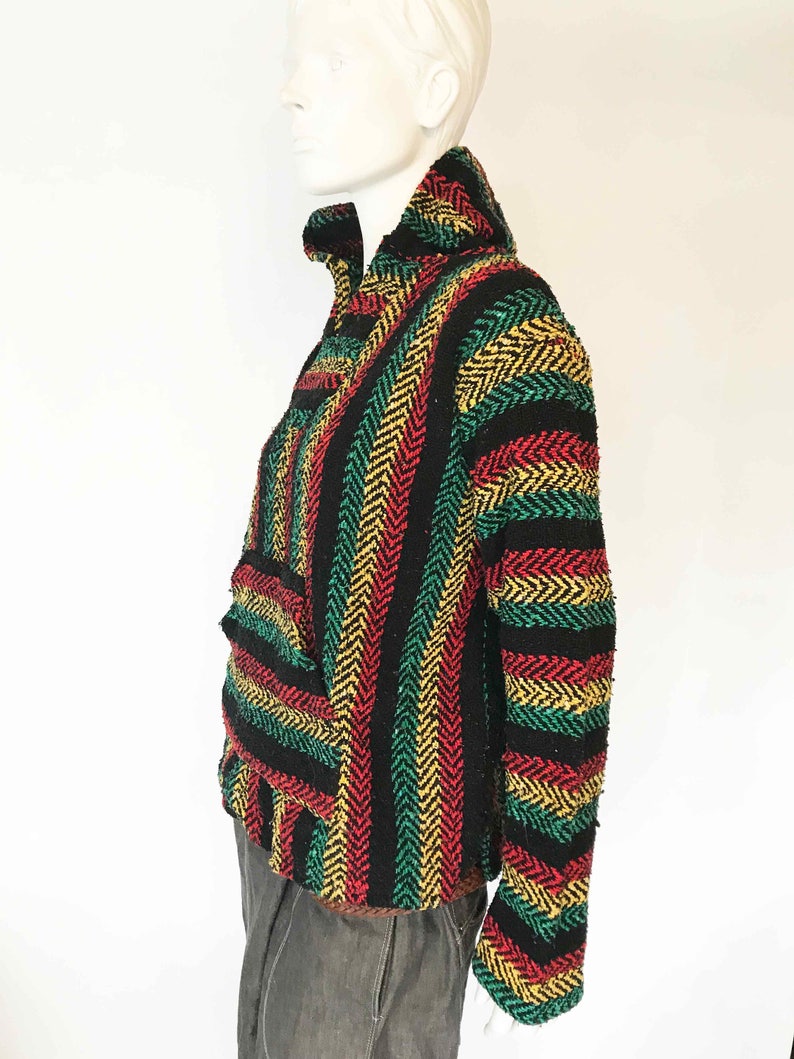 The No Woman Jacket No Cry Vintage 80s Baja Hoody Top Spicoli Beach Bum Rainbow Rasta Striped Boho Cotton Textured Weave S Shirt