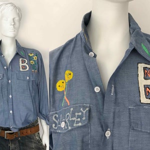 The DICKIES Lollipops x Flowers Vintage 70s Camisa Chambray Denim Camisa Folk Art Camisa de trabajo pintada a mano O/S