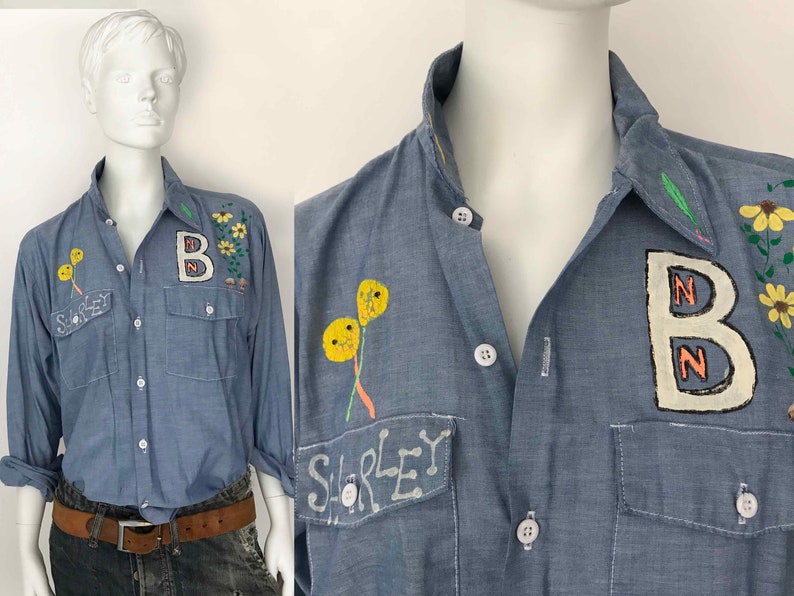 The DICKIES Lollipop x Flowers Vintage 70er Hemd Chambray Denim Shirt Folk Art Handgemaltes Arbeitshemd O/S Bild 1