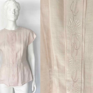 The Blush x Roses Vintage 80s Linen Blouse Pleated Fitted Embroidered Button Back Pale Pink Floral Cap Sleeve Shirt Top image 1