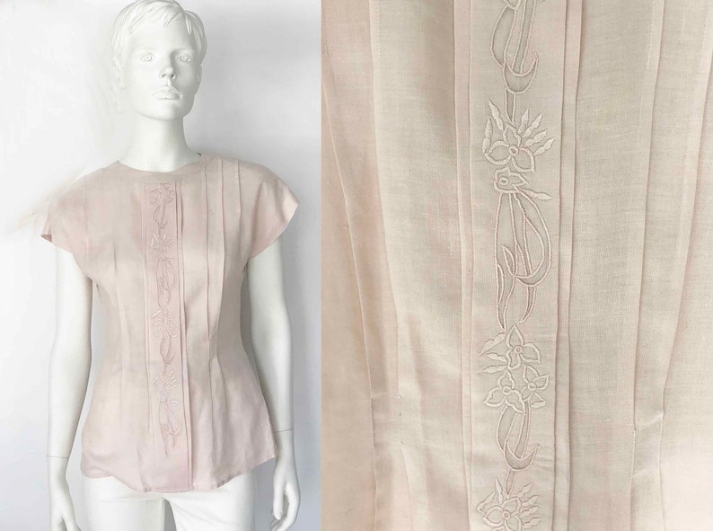 The Blush x Roses Vintage 80s Linen Blouse Pleated Fitted Embroidered Button Back Pale Pink Floral Cap Sleeve Shirt Top image 1