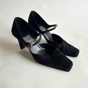 The Dinner in Paris Vintage 90s Shoes High Heels Black Satin Minimalist Womens Accessories Slides US7M UK4.5 EU37.5 JP23 KOR241