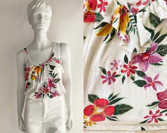 The Lanai Luau Floral Tank Top Vintage 90s Knit Linen Knit Sleeveless Ruffle