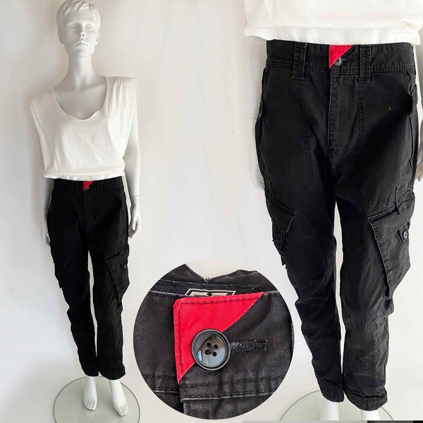 The Ballistic Berlin Vintage 90s Cargo Pants Multi Pockets Heavy Black Cotton Canvas Slim Fit Detailing Utilitarian Raver Trouser Bottoms