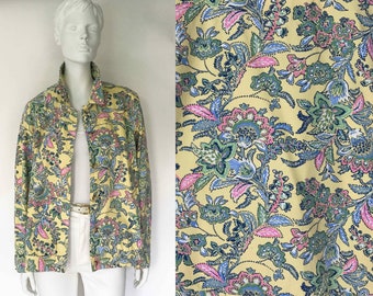 The Sweet Caroline Calico Paisley Vintage 90s Jacket Brushed Faille Cotton Yellow Printed Floral Jean Jacket Womens Outerwear