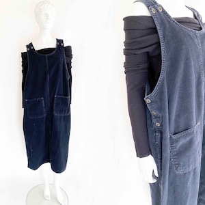 The Substitute Teacher Overall Dress Vintage 80s Cotton Corduroy Patch Pockets  Below Knee Tank Dress