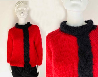 The Red Canadian Mounted Police 70s Vintage Mohair Wool Sweater Red Black Mountain Chunky Boxy Sweater Womens Jumper Made in Italy