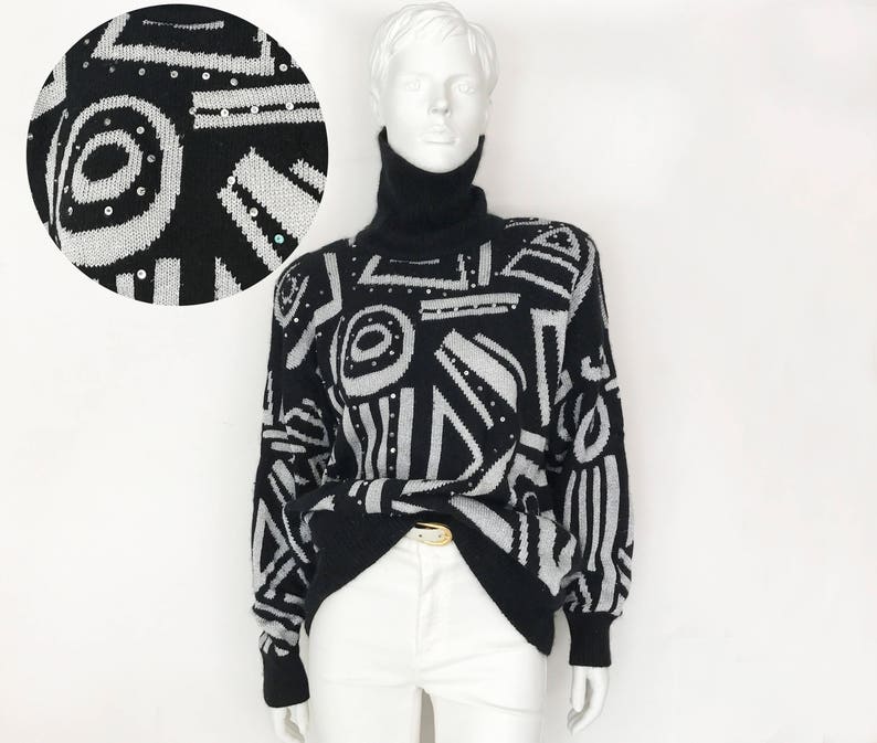 Vintage Women\u2019s Jumper The 80s Dance Party Vintage Turtleneck Sweater Graphic Geo Silk Lambswool Blend Jacquard LS Black Sweater OS
