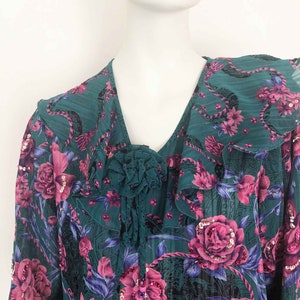 The Divine DIANE FREIS Vintage 80s Blouse Blouson Totally Teal Top Multi Color Rose Pattern Sequined Silky Georgette Geo Ruffled Womens Top image 4