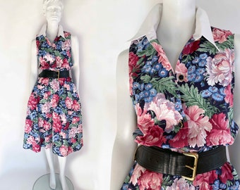 The Botanical Beauty 80s Vintage Dress Multicolor Floral Sleeveless Button Front Garden Party Below Knee Length Pockets