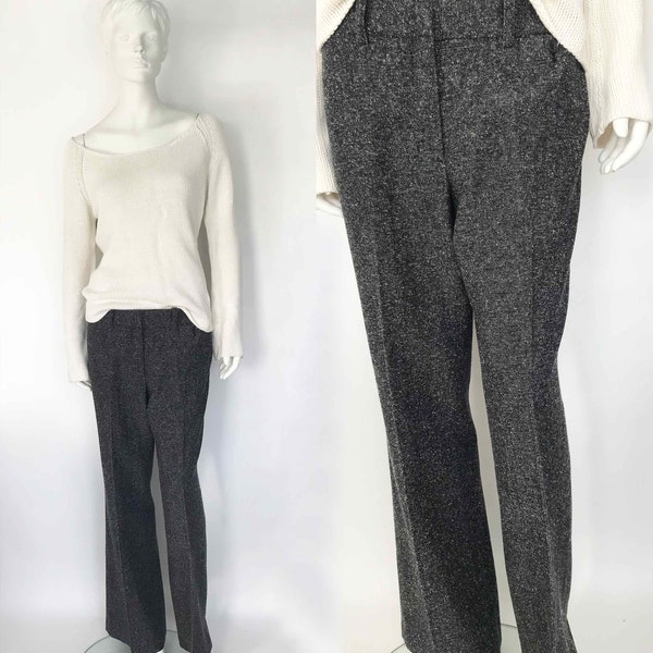 The Campus Classic Vintage 90s Tweed Trousers Womens Pants Black Textured Slacks Flat Front Boot Leg Bottoms, Preppy Classic Pants