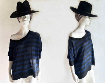 Maglione da sera con glitter metallizzati e maniche a sbuffo, stile vintage anni '80, con strisce nere e blu degli Abba