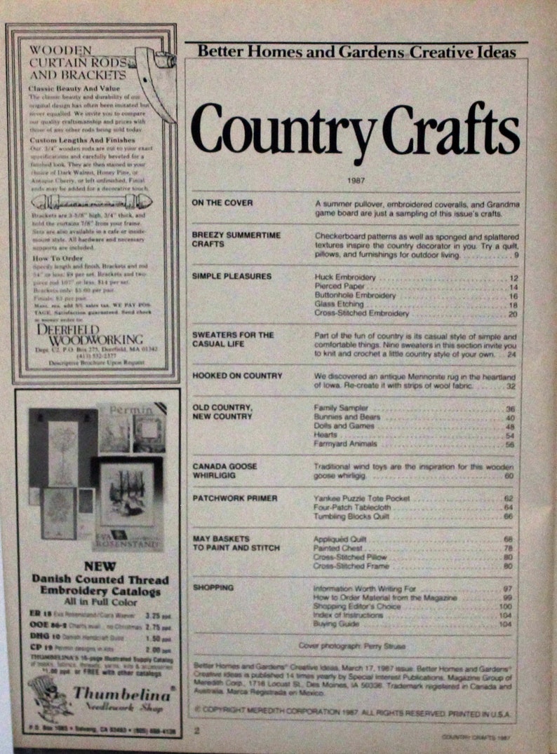 May include: A magazine cover for Country Crafts, featuring a variety of crafts including a summer pullover, embroidered coveralls, and a checkerboard pattern. The magazine cover is from 1987 and features a list of crafts and their corresponding page numbers.