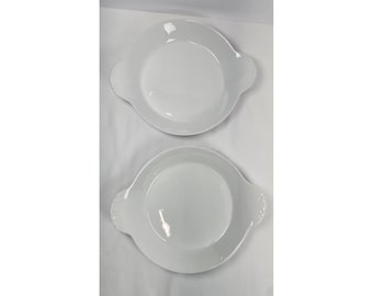 France Porcelain Au Gratin Dishes Set 2 White Round Baker Ear Handle Bowls