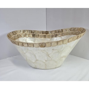 Large Mother of Pearl Capiz Shell Decorative Bowl Mosaic Rim Coastal 15" x 8.5"
