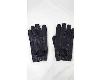 Vintage Fownes Black Leather Driving Gloves Size L Snap Wrist Perforated