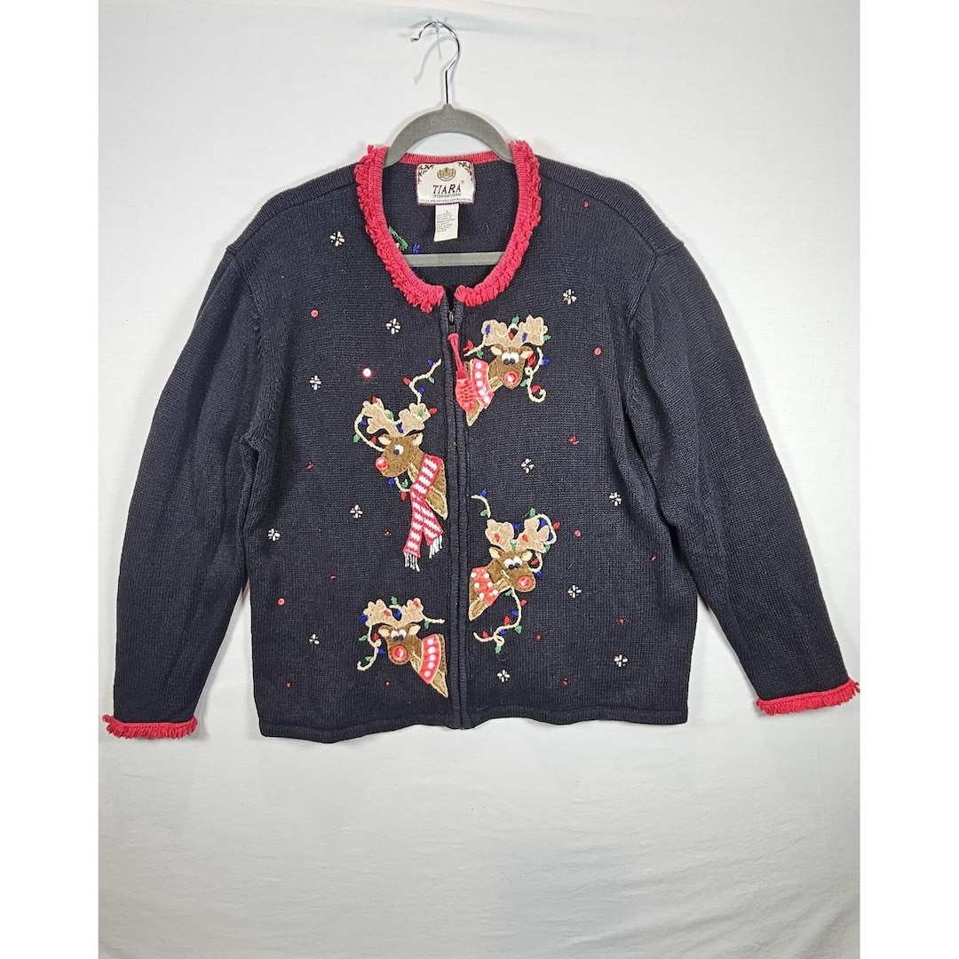 Vintage Tiara Reindeer Christmas Zip Cardigan L Sequin Holiday Sweater ...