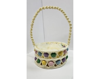 Vintage MCM macramé paasmandje pastel houten kralen handgemaakt boho decor 12"