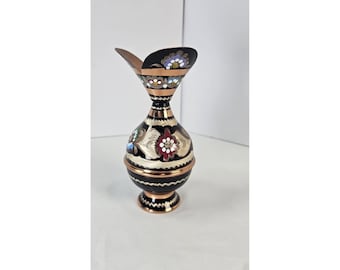 Persian Minakari Copper Vase Hand-Painted Floral Enamel Black 6.5in