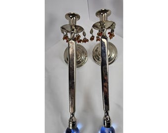 Vintage Wall Candle Sconces Pair Blue Glass Finial Beaded Drops Mid Century